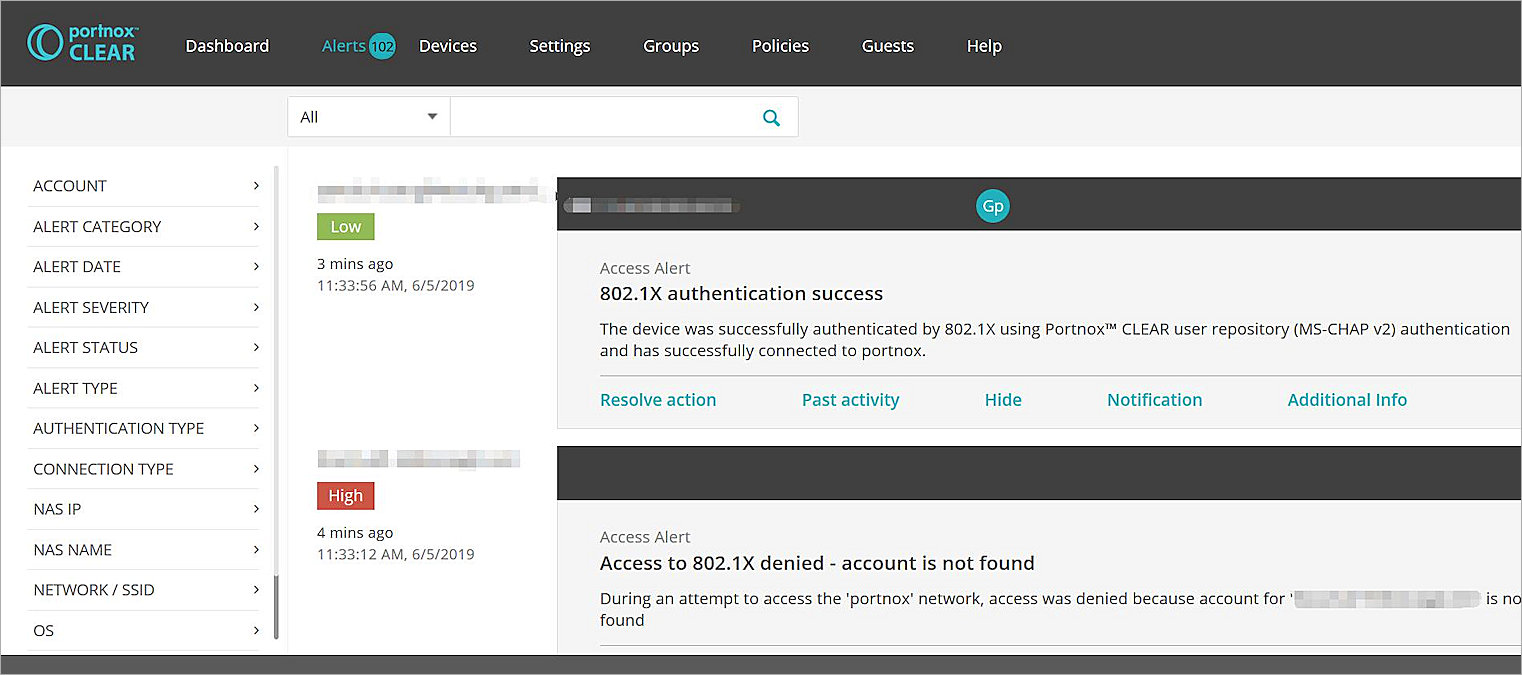 Alerts page in Portnox that shows a successful authentication